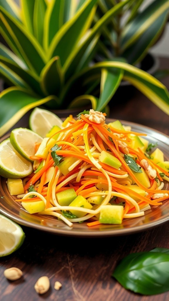 A vibrant Thai mango salad with colorful ingredients like mango, carrots, and green apples, garnished with peanuts and lime wedges.