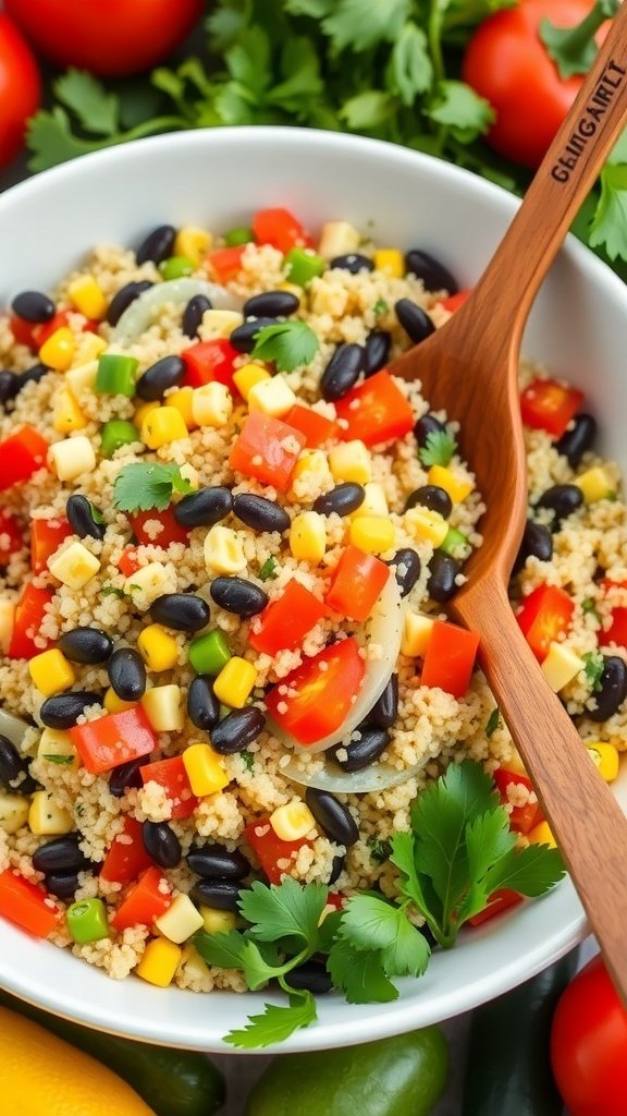 A colorful quinoa salad with black beans, corn, and diced bell peppers in a white bowl, garnished with cilantro.