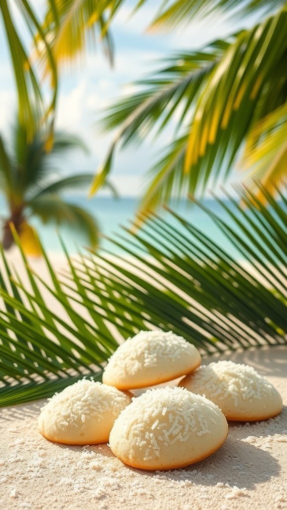 A close-up of coconut sugar cookies on a sandy beach with palm leaves in the background.
