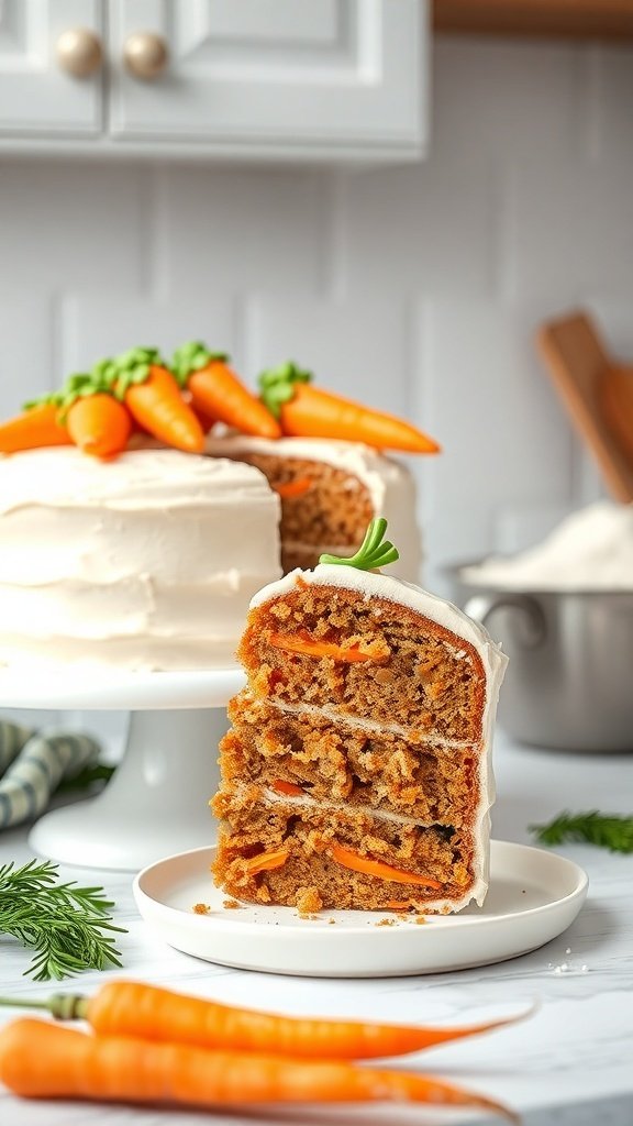 A gluten-free carrot cake with layers of grated carrots and topped with cream cheese frosting and decorative carrots.