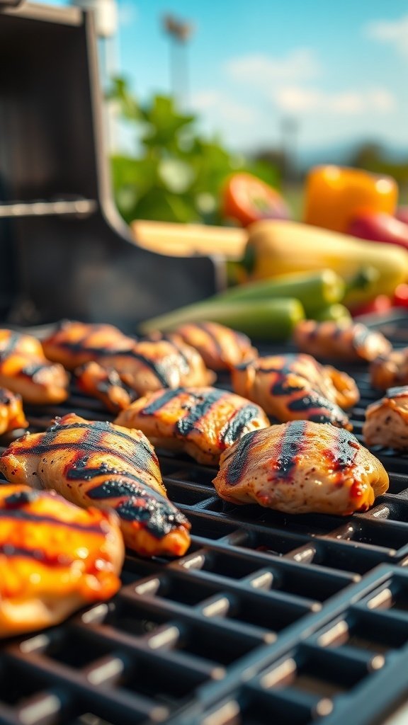 Grilled chicken and vegetables on a BBQ grill