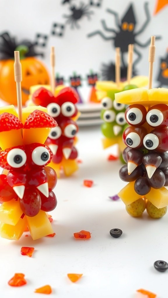 Colorful monster fruit skewers made with strawberries, grapes, and pineapple, decorated with candy eyes and almond teeth.