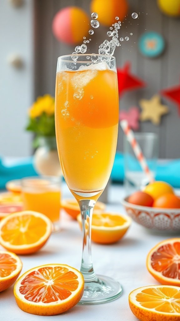 A glass of sparkling citrus sangria with orange slices and bubbles, surrounded by fresh oranges.