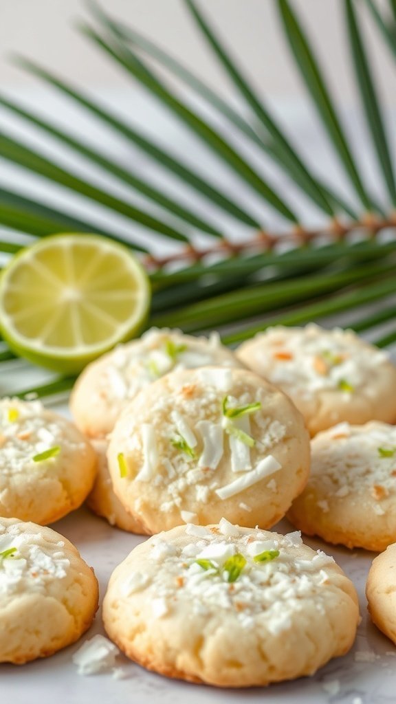 Coconut lime cookies with shredded coconut and lime zest on a plate with a lime and palm leaves in the background.