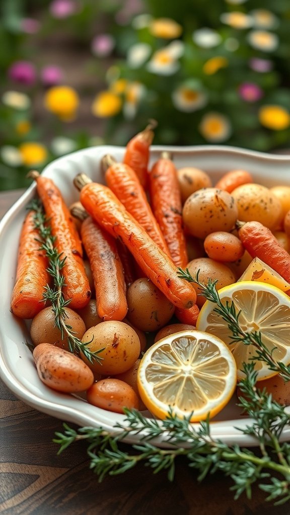 A dish of roasted carrots and potatoes with lemon and thyme, garnished with fresh herbs.