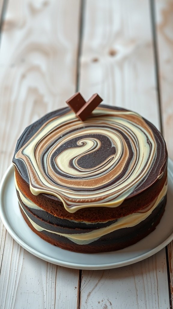 A beautifully swirled marble cake with chocolate and vanilla layers, topped with a chocolate piece.