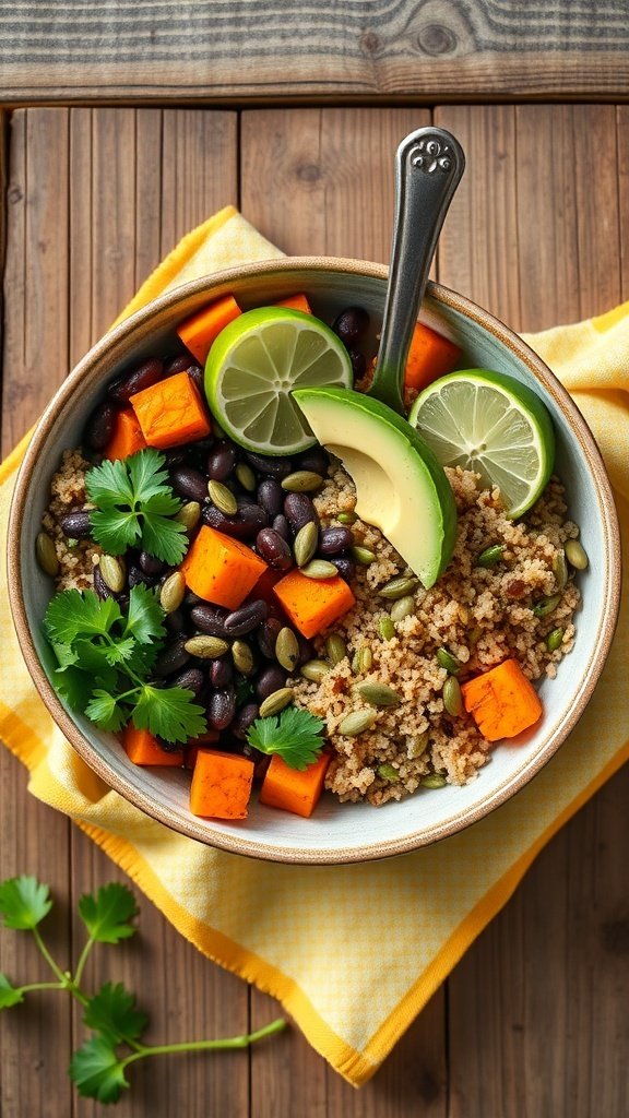 A colorful grain bowl with quinoa, roasted sweet potatoes, black beans, avocado, lime, and cilantro on a wooden table.