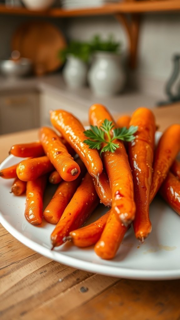 Plate of brown sugar glazed carrots with a shiny glaze and fresh parsley on top