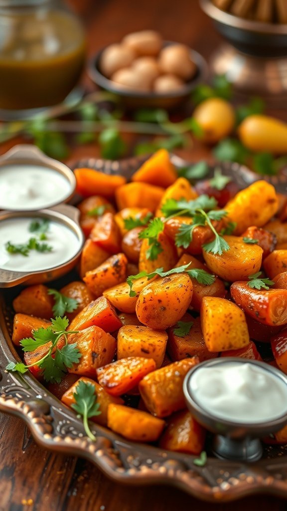 A platter of curry-spiced roasted carrots and potatoes garnished with cilantro and served with yogurt.