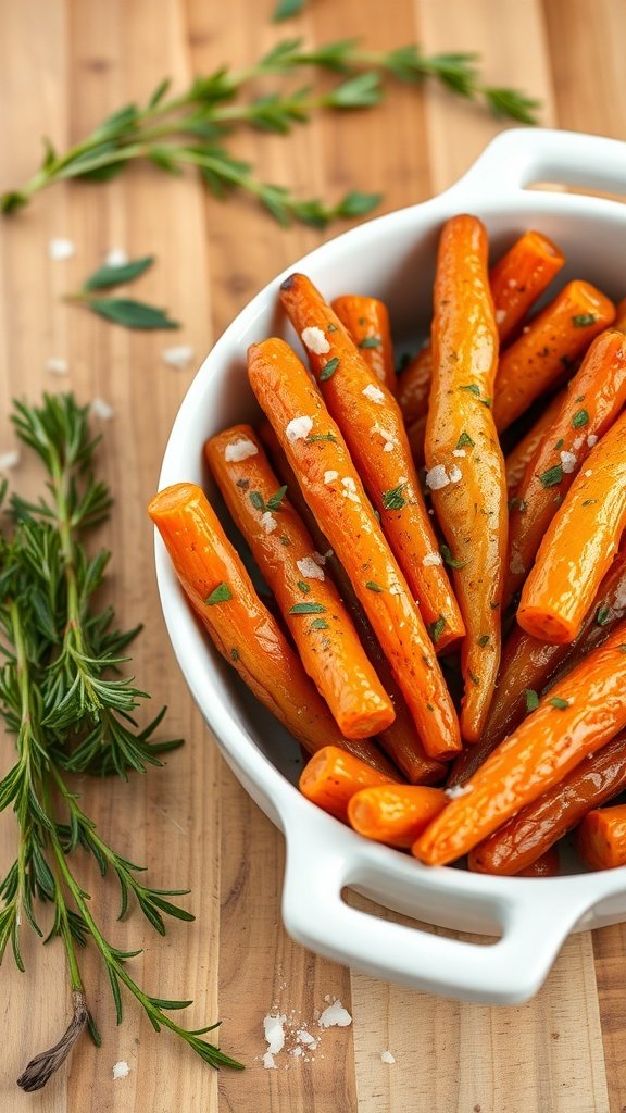 A bowl of honey roasted carrots garnished with herbs, showcasing their vibrant color.