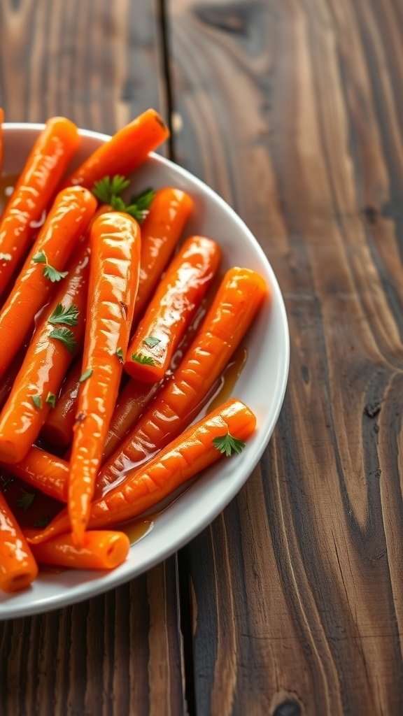 A plate of honey-glazed carrots on a wooden table.