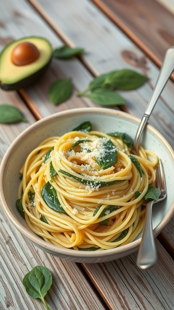 A bowl of avocado and spinach fettuccine with a fork, surrounded by fresh spinach leaves and a halved avocado.