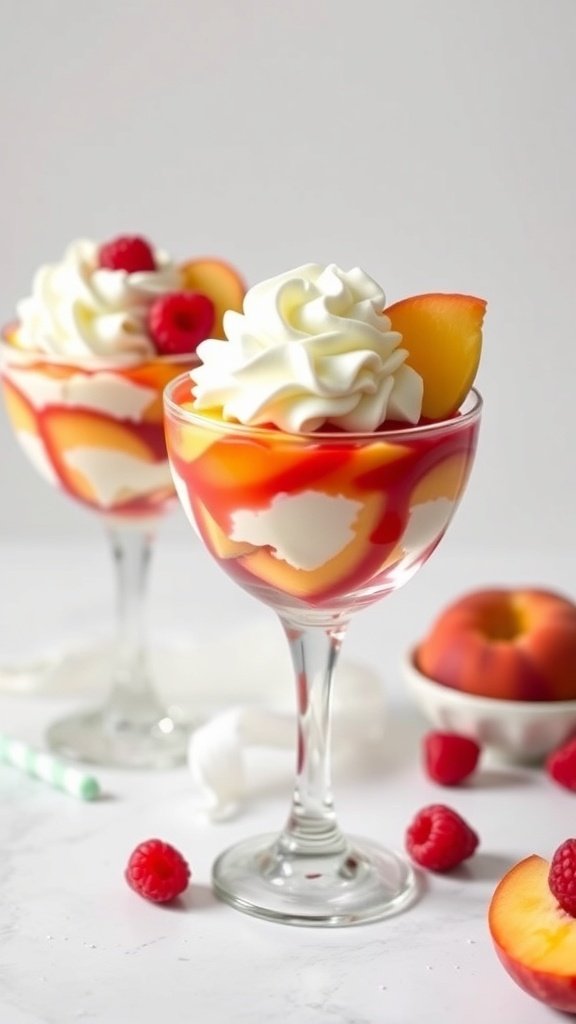Peach Melba Parfaits in elegant glasses with layers of peach, yogurt, and raspberry sauce topped with whipped cream.