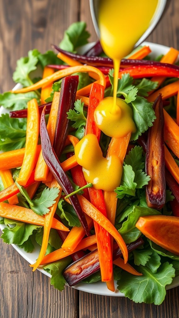 A colorful salad with rainbow carrots and a citrus dressing being poured over it.