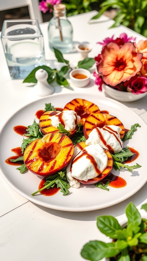A vibrant grilled peach and burrata salad served on a white plate with arugula and balsamic glaze.
