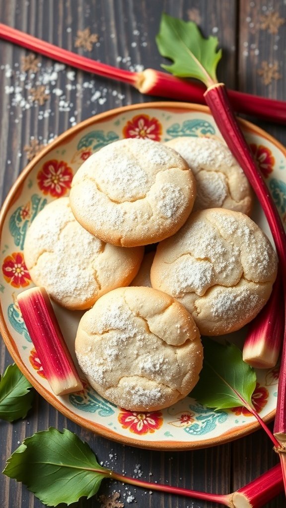 A plate of classic rhubarb sugar cookies with fresh rhubarb stalks and leaves.