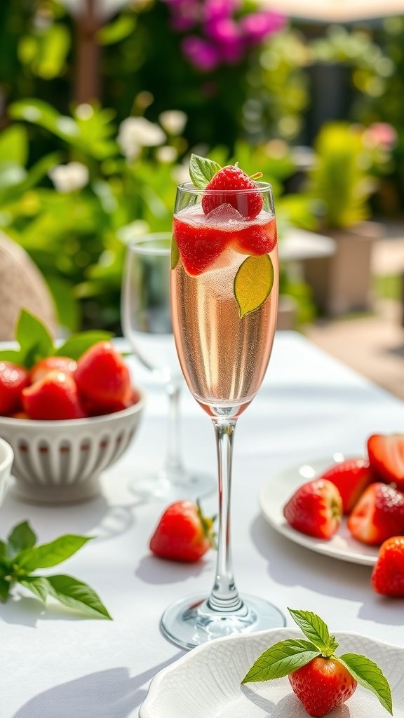 A glass of Strawberry Basil Sparkler garnished with strawberries and basil, surrounded by fresh strawberries on a table.