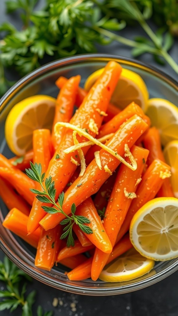 A bowl of zesty lemon-herb carrots garnished with lemon slices and fresh herbs.
