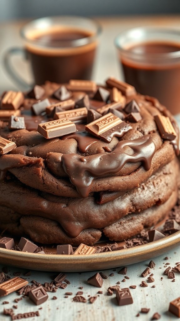 A rich double chocolate cookie cake topped with chocolate frosting and chunks, served with cups of coffee.