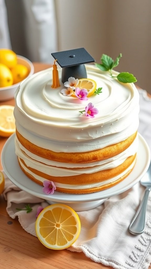 A zesty lemon graduation layer cake decorated with a graduation cap and lemon slices.