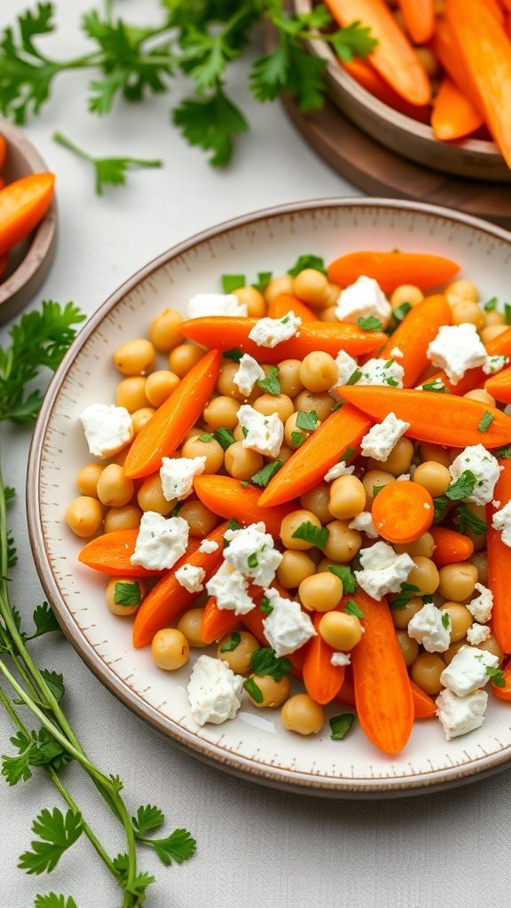 Mediterranean carrot salad with chickpeas and feta cheese on a plate