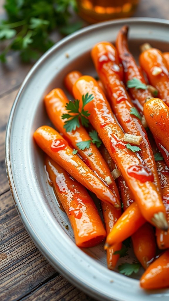 A plate of honey-glazed carrots garnished with parsley.