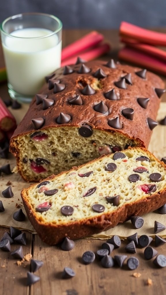 A loaf of chocolate chip rhubarb bread with slices cut, surrounded by chocolate chips and rhubarb stalks.