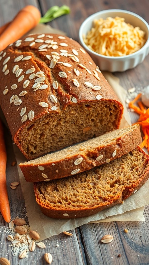 A loaf of gluten-free carrot bread sliced, with fresh carrots and shredded cheese in the background.