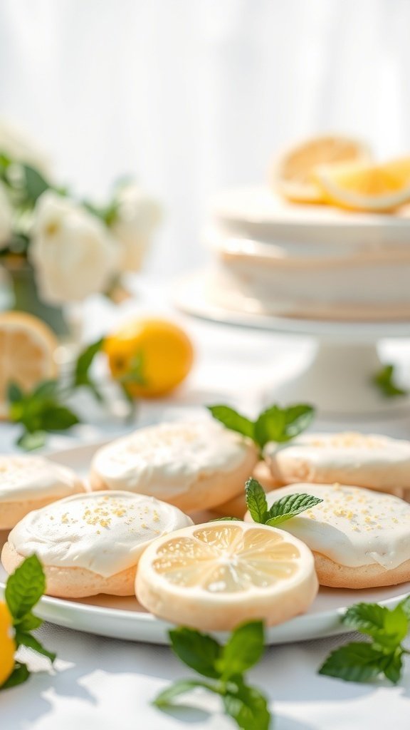 A plate of lemon zest cookies decorated with frosting, lemon slices, and mint leaves.