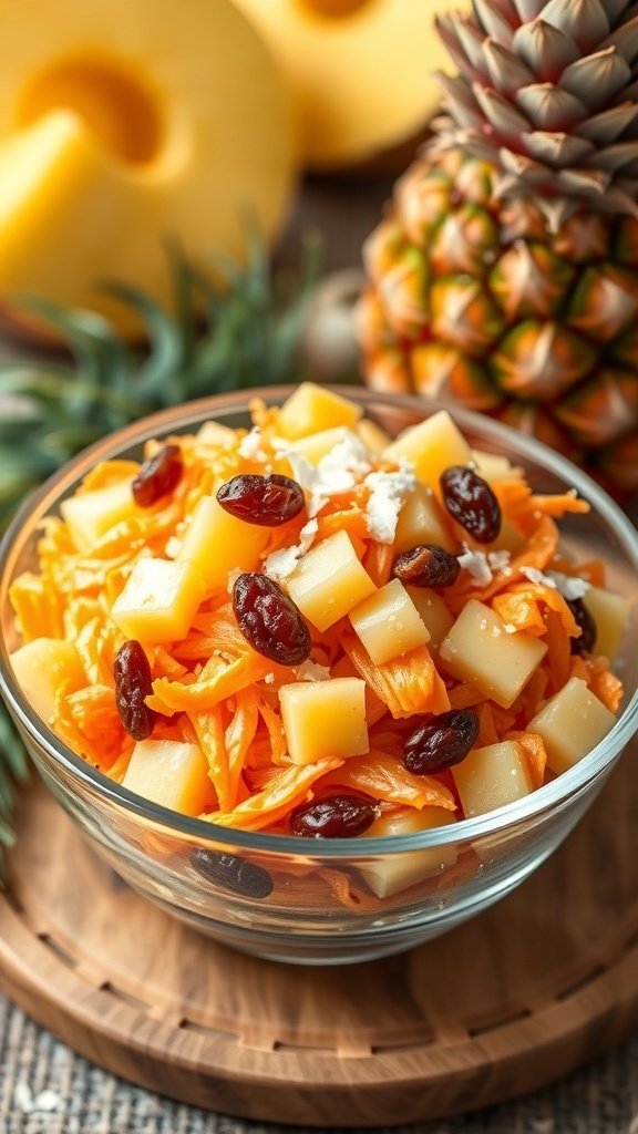 A bowl of carrot raisin salad with pineapple chunks, raisins, and a colorful presentation.