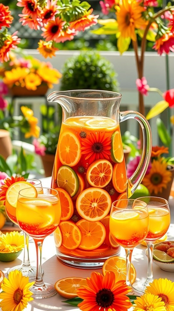 A vibrant pitcher of citrus cocktail surrounded by colorful flowers and citrus slices.