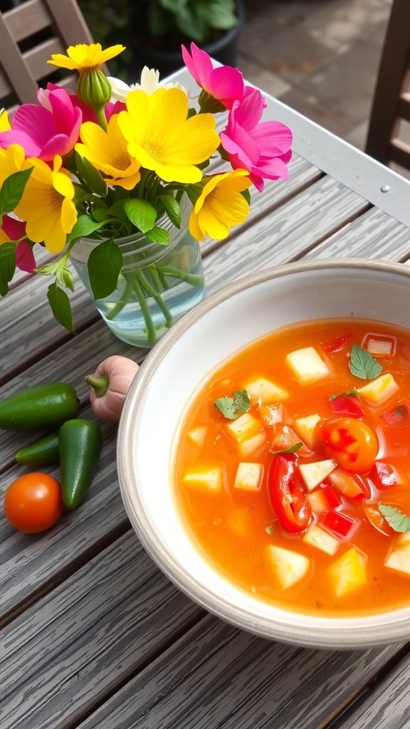 A bowl of colorful cold soup with diced vegetables, surrounded by fresh flowers and vegetables.