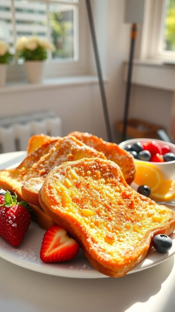 A plate of classic French toast topped with fresh strawberries and blueberries, served with a side of seasonal fruits.