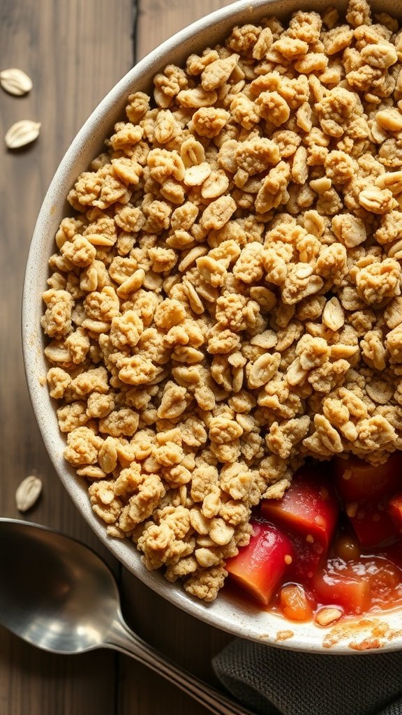 A close-up of a rhubarb crisp with oatmeal topping, showcasing a golden brown crust over vibrant rhubarb.