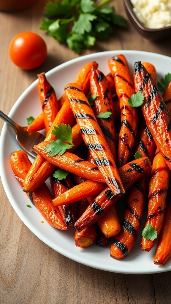 A plate of honey-glazed grilled carrots garnished with parsley.