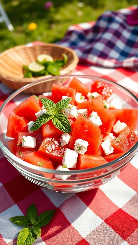 A bowl of watermelon feta salad with mint leaves on a picnic blanket.