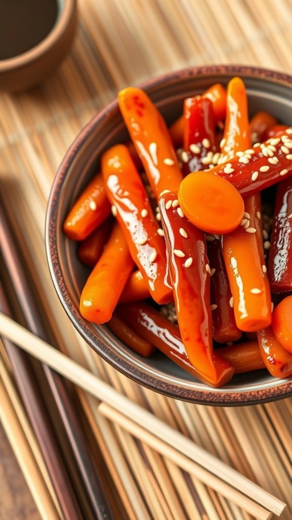 Bowl of honey soy glazed carrots with sesame seeds