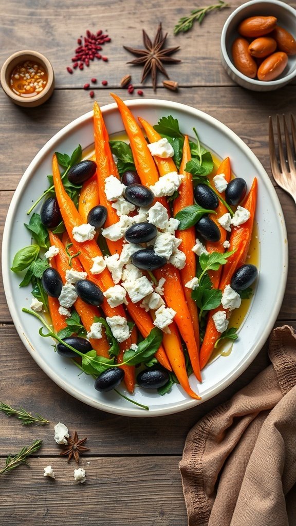 A plate of Mediterranean steamed carrots topped with feta cheese and olives, garnished with parsley.