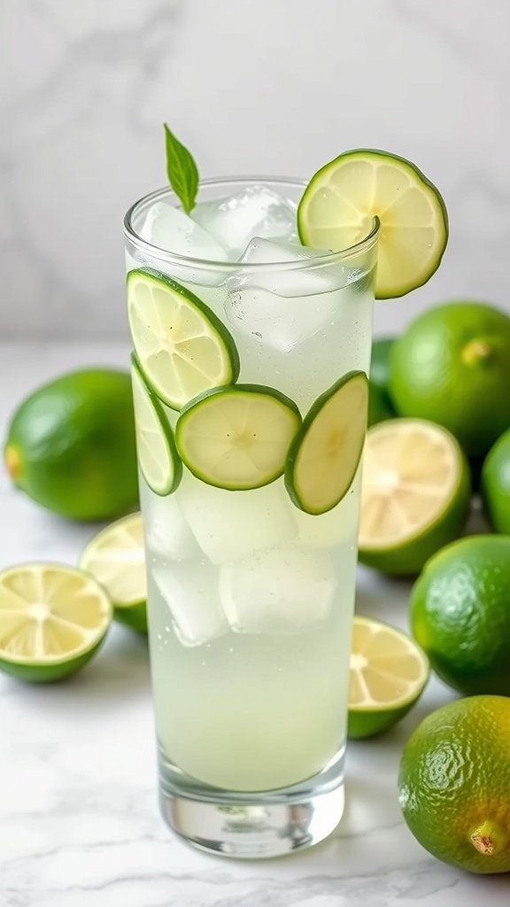 A refreshing cucumber lime drink in a tall glass with ice, garnished with cucumber and lime slices, surrounded by whole limes.