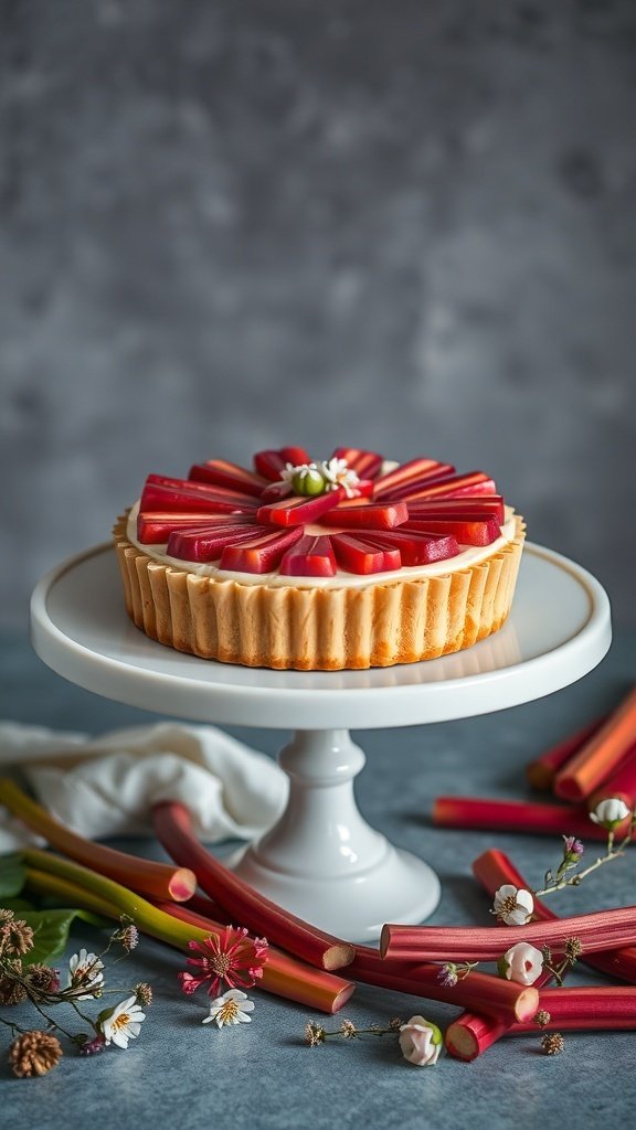 A luxurious rhubarb and cream tart on a white cake stand, decorated with fresh rhubarb and flowers.