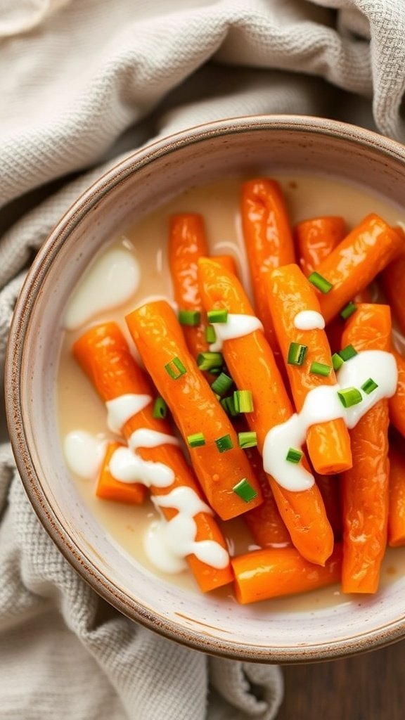 Creamy maple glazed carrots with sour cream, garnished with chives in a bowl.