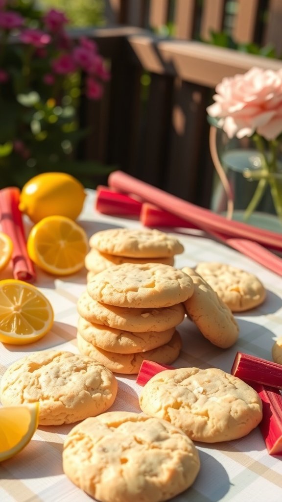A plate of rhubarb lemon zest cookies with fresh rhubarb and lemons