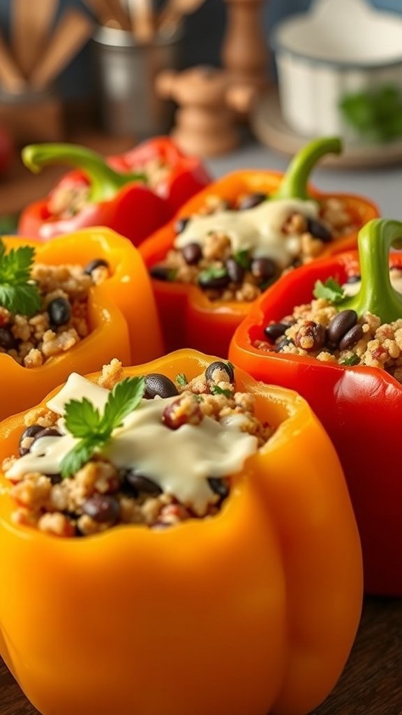Colorful stuffed peppers filled with quinoa and black beans, garnished with cilantro.