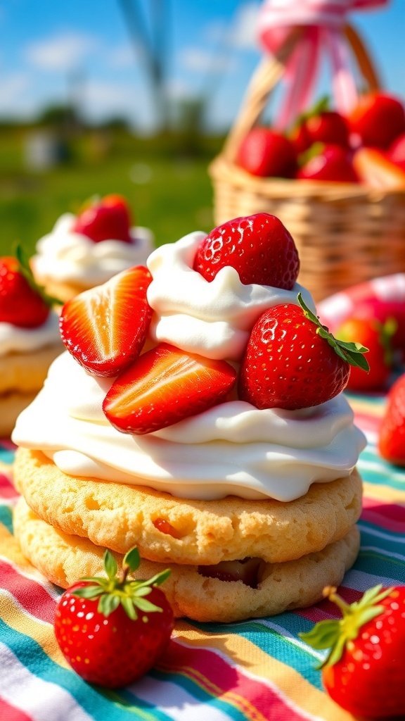 Delicious strawberry shortcake cookies topped with whipped cream and fresh strawberries, set on a colorful tablecloth.