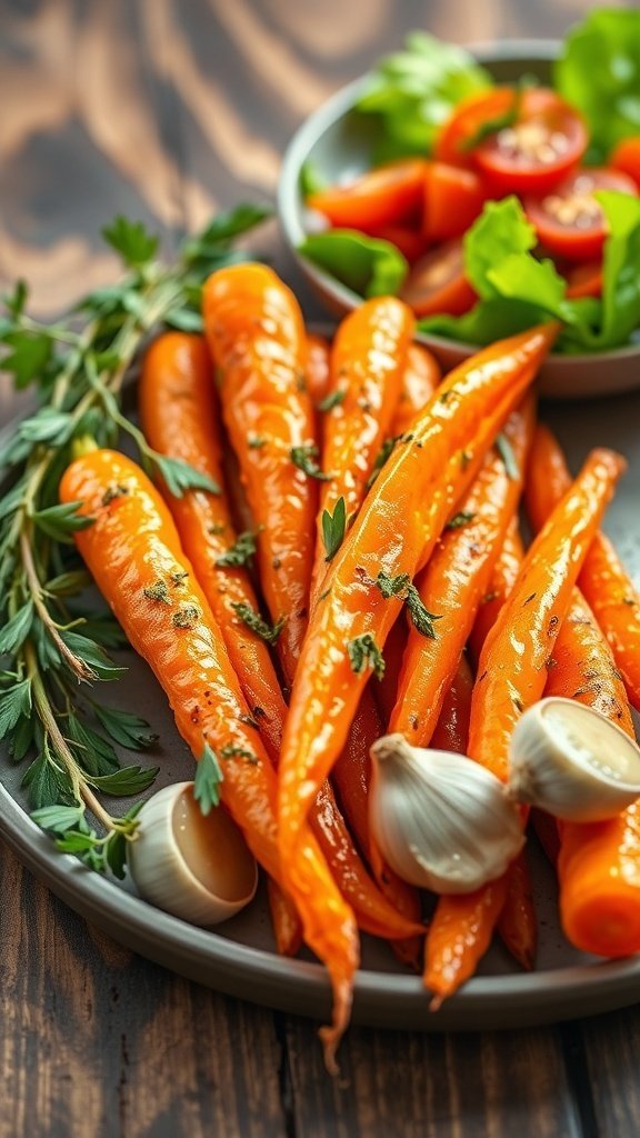 A plate of roasted carrots with garlic and herbs, garnished with fresh parsley and garlic cloves.