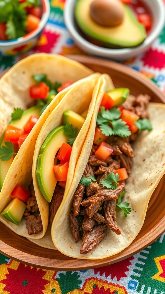 Delicious tacos filled with beef, avocado, tomatoes, and cilantro on a colorful tablecloth.