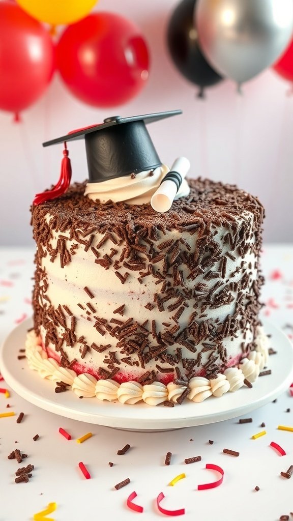 A rich red velvet graduation cake decorated with a graduation cap and diploma, surrounded by colorful balloons.