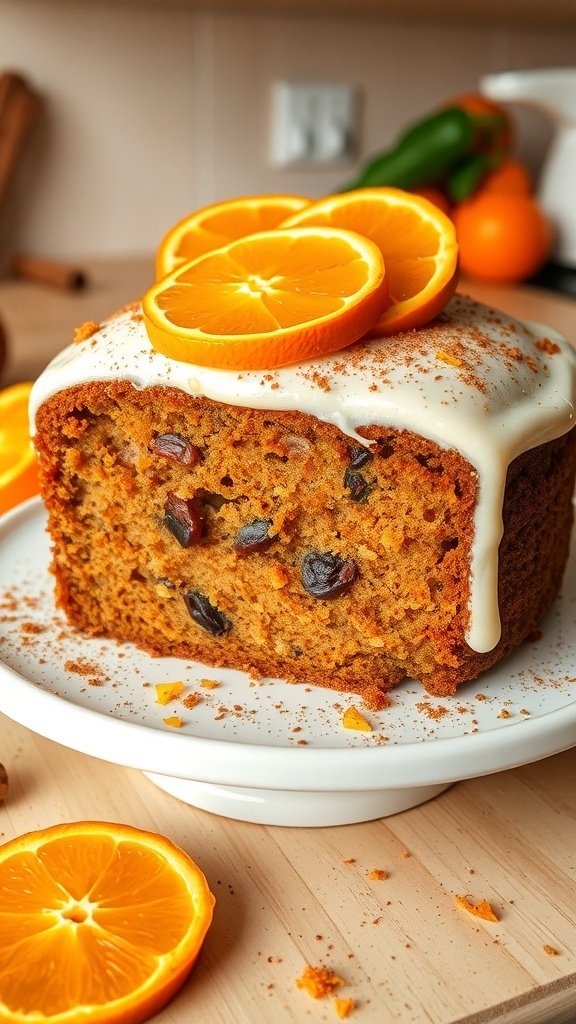 A spiced carrot cake topped with orange slices and cream cheese frosting.