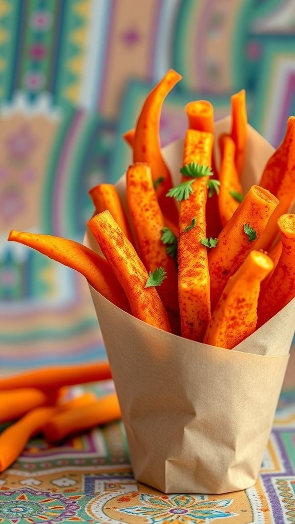 A serving of spicy carrot fries in a paper cone, garnished with parsley.