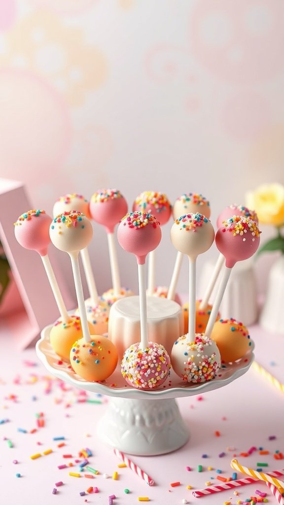 Colorful vanilla cake pops decorated with sprinkles on a white cake stand.